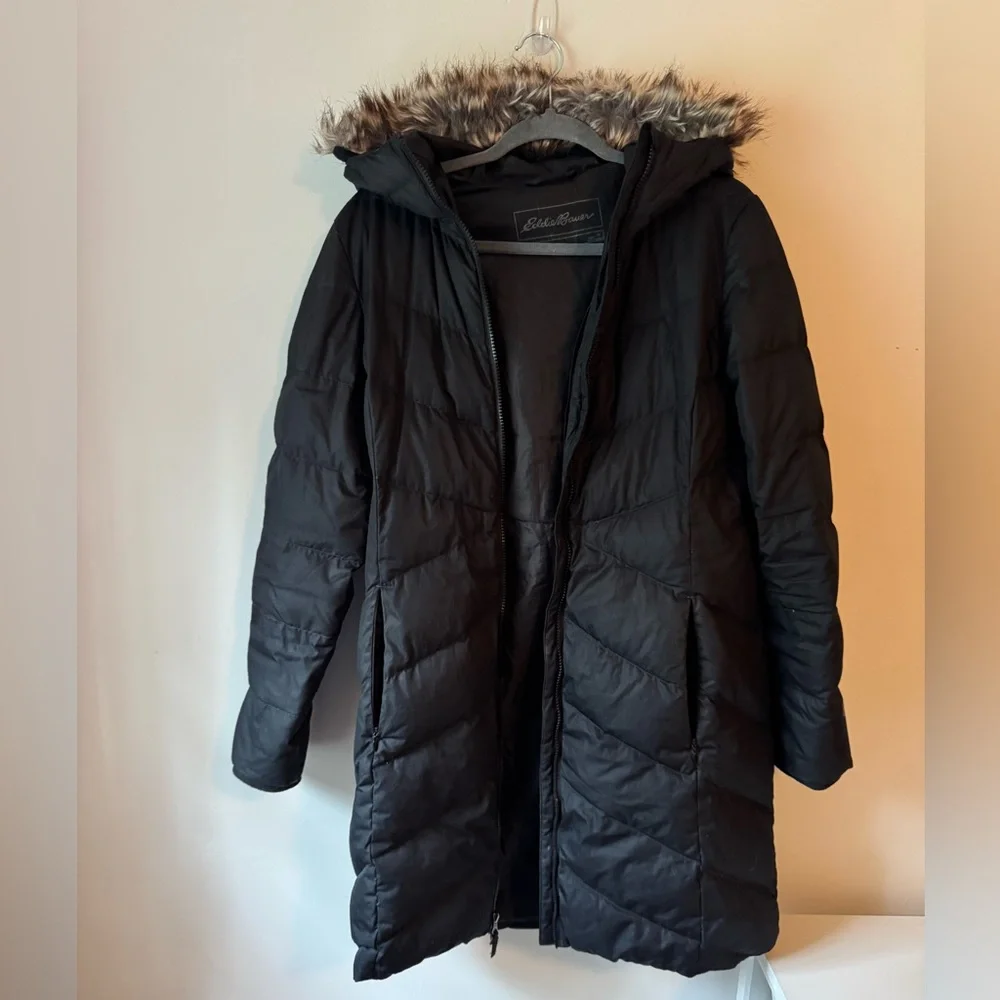 Eddie Bauer Quilted Winter Down Jacket with Removable Faux Fur Trim - Picture 1 of 4
